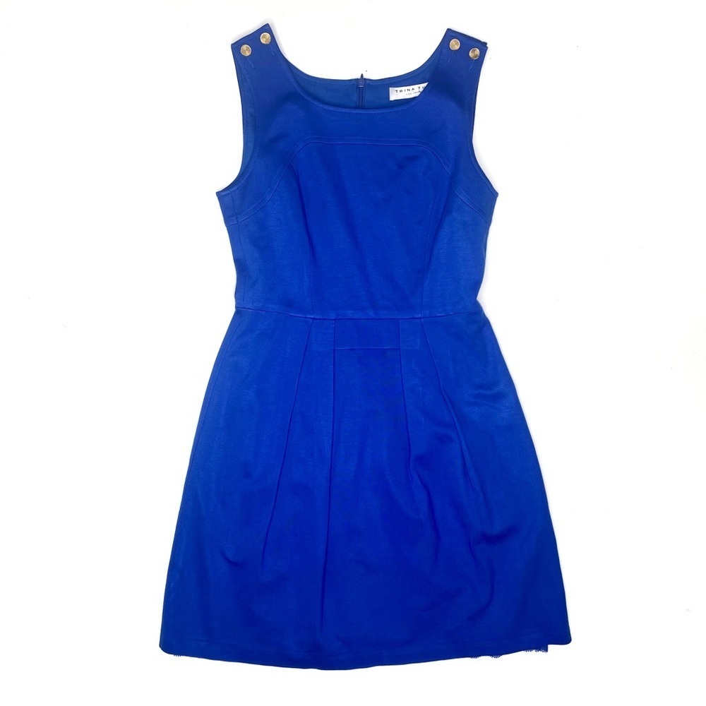 Trina Turk Cobalt Blue Fit Flare Dress Gold Button Detail Sleeveless 4